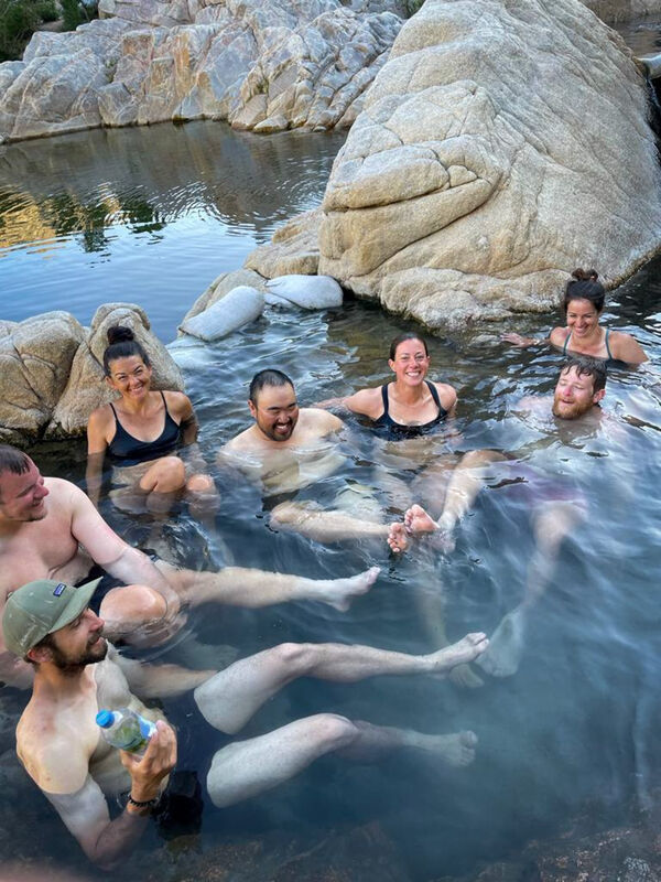 Recovering in Deep Creek hot springs with Dylan, Ant Man, Black Widow, Jeeves, Giggles, AKA, and Willow